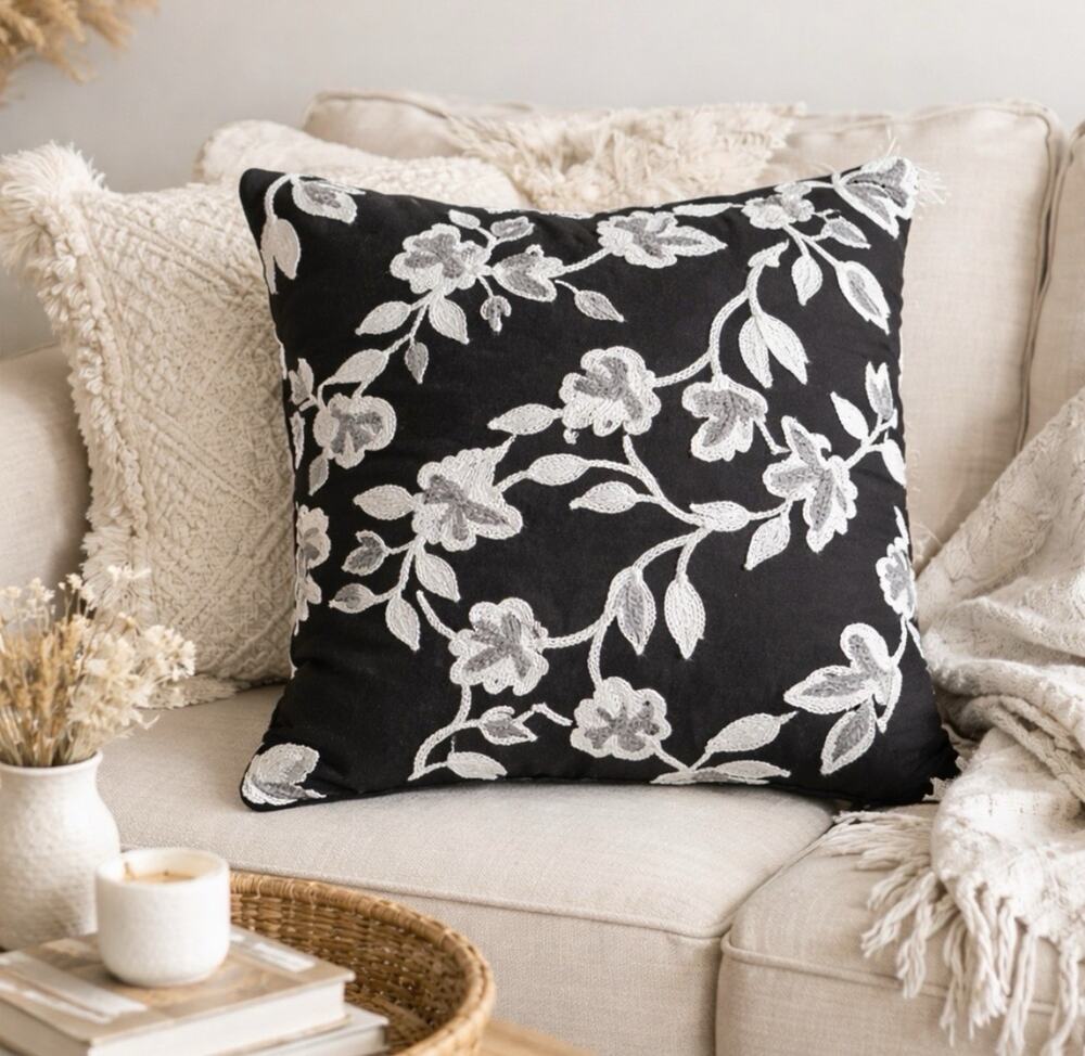 Karl Lagerfeld Paris Embroidered Floral Throw Pillow Blk Wht Textured Boho Decor